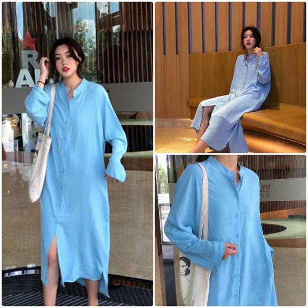 レディース　ワンピース　シャツワンピ　無地　シンプル　ミモレ丈　スリット　長袖　秋　冬　カジュアル　キュート　可愛い　フェミニン　きれいめ　上品　エレガント　おしゃれ　お出かけ　お呼ばれ　ブラック　ブルー　フリーサイズ　ワンサイズ　送料無料