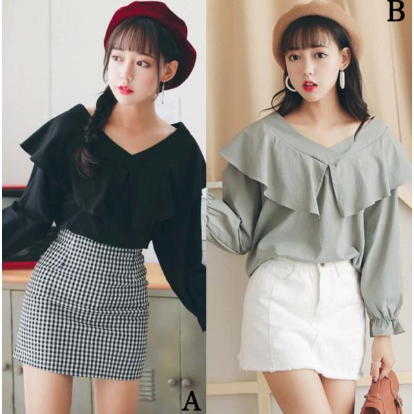 レディース　ブラウス　Vネック　シャツ　長袖　無地　シンプル　トップス　カジュアル　キュート　可愛い　フェミニン　きれいめ　上品　エレガント　おしゃれ　お出かけ　オフィス　デート　デイリー　ブラック　グリーン　S　M　L　XL　サイズ　送料無料