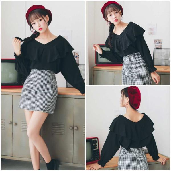 レディース　ブラウス　Vネック　シャツ　長袖　無地　シンプル　トップス　カジュアル　キュート　可愛い　フェミニン　きれいめ　上品　エレガント　おしゃれ　お出かけ　オフィス　デート　デイリー　ブラック　グリーン　S　M　L　XL　サイズ　送料無料