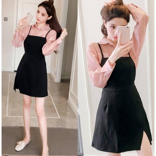 レディース　ツーピース　シャツ＆エプロンスカート　無地　カジュアル　大人可愛い　フェミニン　カフェ　メイド　お出かけ　デート　デイリー　ブラック　S　M　L　送料無料