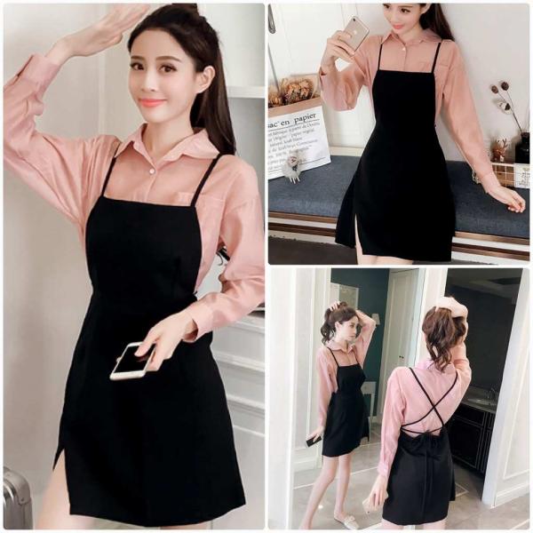 レディース　ツーピース　シャツ＆エプロンスカート　無地　カジュアル　大人可愛い　フェミニン　カフェ　メイド　お出かけ　デート　デイリー　ブラック　S　M　L　送料無料
