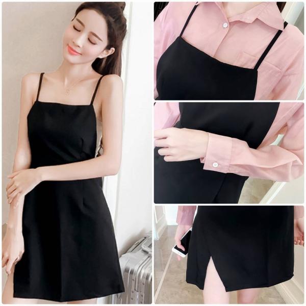 レディース　ツーピース　シャツ＆エプロンスカート　無地　カジュアル　大人可愛い　フェミニン　カフェ　メイド　お出かけ　デート　デイリー　ブラック　S　M　L　送料無料