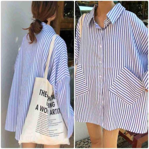 レディース　トップス　シャツ　長袖　ストライプ　ゆったり　カジュアル　大人可愛い　ルーズ　フェミニン　お出かけ　デート　デイリー　ブルー　ホワイト　フリー　送料無料