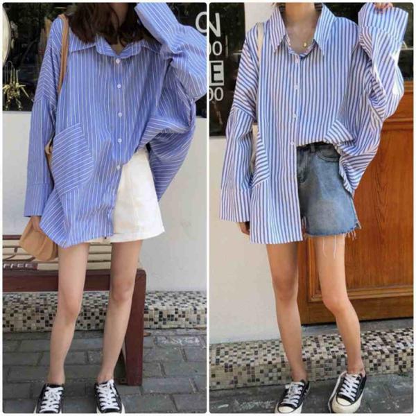 レディース　トップス　シャツ　長袖　ストライプ　ゆったり　カジュアル　大人可愛い　ルーズ　フェミニン　お出かけ　デート　デイリー　ブルー　ホワイト　フリー　送料無料