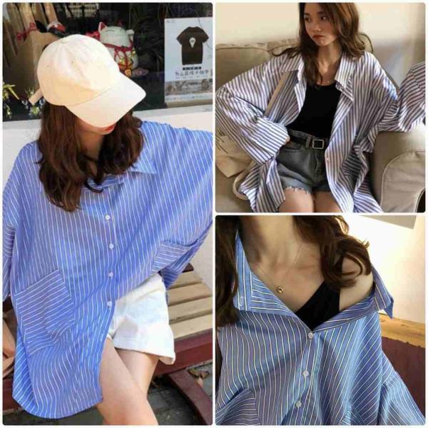 レディース　トップス　シャツ　長袖　ストライプ　ゆったり　カジュアル　大人可愛い　ルーズ　フェミニン　お出かけ　デート　デイリー　ブルー　ホワイト　フリー　送料無料
