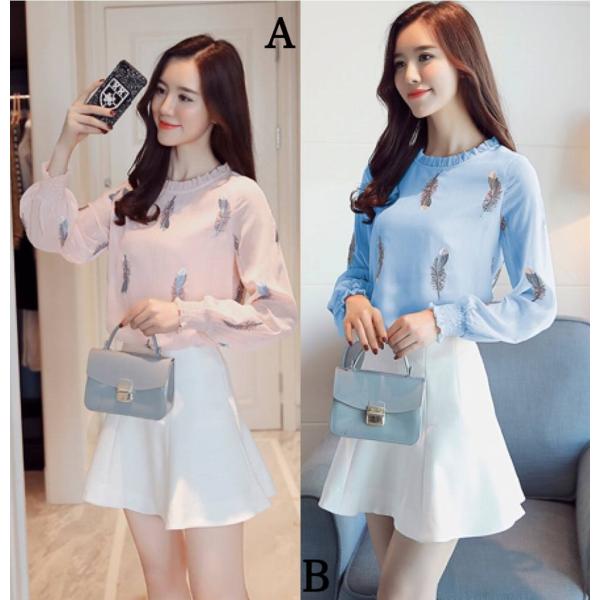 レディース　トップス　シャツ　シフォン　長袖　羽模様　刺繍　カジュアル　大人可愛い　エレガント　オフィス　フェミニン　お出かけ　デート　デイリー　ピンク　ブルー　ホワイト　ブラック　S　M　L　XL　2XL　送料無料