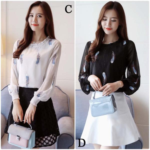 レディース　トップス　シャツ　シフォン　長袖　羽模様　刺繍　カジュアル　大人可愛い　エレガント　オフィス　フェミニン　お出かけ　デート　デイリー　ピンク　ブルー　ホワイト　ブラック　S　M　L　XL　2XL　送料無料