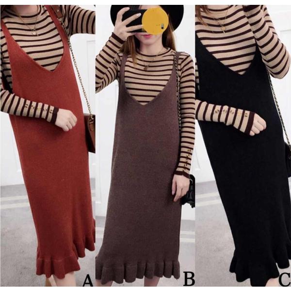 レディース　ワンピース　ニット　裾フレア　ノースリーブ　深Vネック　無地　ミモレ丈　カジュアル　大人可愛い　フェミニン　オフィス　お出かけ　デート　デイリー　ワイン　ブラウン　ブラック　パープル　グリーン　ワンサイズ　送料無料