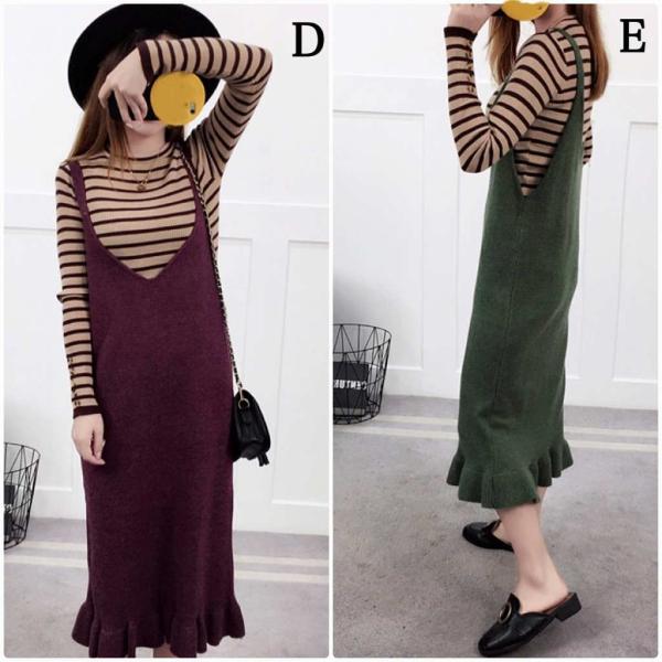レディース　ワンピース　ニット　裾フレア　ノースリーブ　深Vネック　無地　ミモレ丈　カジュアル　大人可愛い　フェミニン　オフィス　お出かけ　デート　デイリー　ワイン　ブラウン　ブラック　パープル　グリーン　ワンサイズ　送料無料