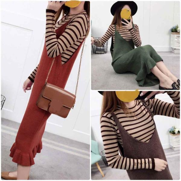 レディース　ワンピース　ニット　裾フレア　ノースリーブ　深Vネック　無地　ミモレ丈　カジュアル　大人可愛い　フェミニン　オフィス　お出かけ　デート　デイリー　ワイン　ブラウン　ブラック　パープル　グリーン　ワンサイズ　送料無料