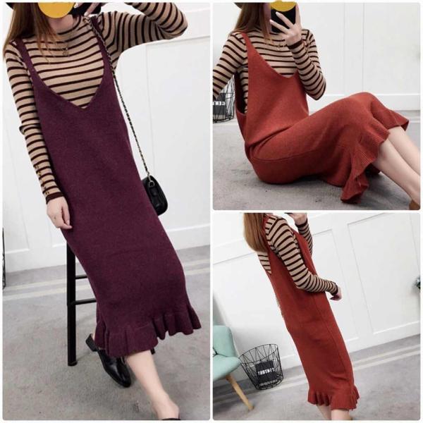 レディース　ワンピース　ニット　裾フレア　ノースリーブ　深Vネック　無地　ミモレ丈　カジュアル　大人可愛い　フェミニン　オフィス　お出かけ　デート　デイリー　ワイン　ブラウン　ブラック　パープル　グリーン　ワンサイズ　送料無料
