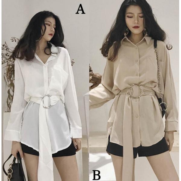 レディース　ライトアウター　コート　シャツ　ベルト　長袖　無地　ゆったり　カジュアル　大人可愛い　フェミニン　オフィス　お出かけ　デート　デイリー　ホワイト　ベージュ　フリー　送料無料