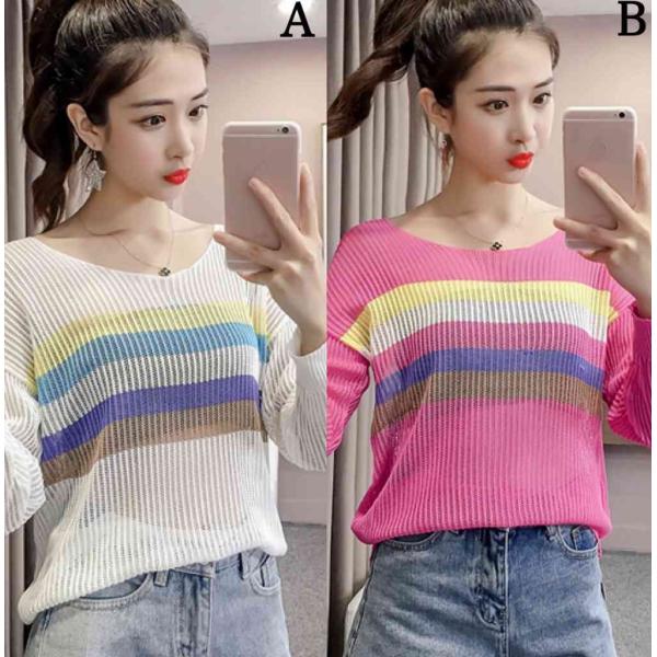レディース　トップス　ニット　セーター　ボーダー　長袖　ラウンドネック　カジュアル　大人可愛い　フェミニン　オフィス　お出かけ　デート　デイリー　ホワイト　ピンク　ブラック　ブルー　フリー　送料無料