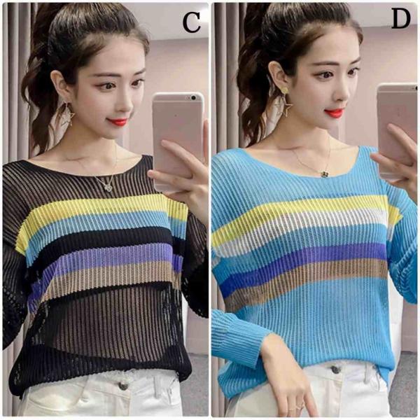 レディース　トップス　ニット　セーター　ボーダー　長袖　ラウンドネック　カジュアル　大人可愛い　フェミニン　オフィス　お出かけ　デート　デイリー　ホワイト　ピンク　ブラック　ブルー　フリー　送料無料