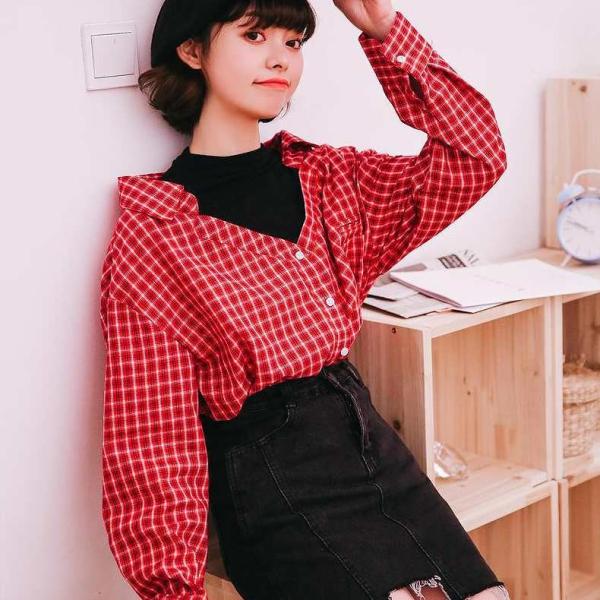 レディース　ブラウス　シャツ　長袖　チェック柄　ロングシャツ　トップス　カジュアル　キュート　可愛い　フェミニン　きれいめ　上品　エレガント　おしゃれ　お出かけ　オフィス　デート　デイリー　レッド　ネイビー　フリーサイズ　ワンサイズ　送料無料