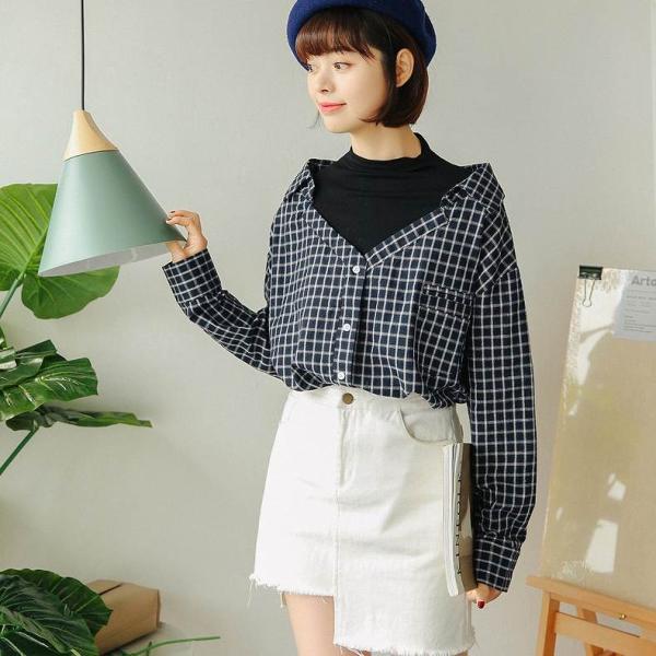 レディース　ブラウス　シャツ　長袖　チェック柄　ロングシャツ　トップス　カジュアル　キュート　可愛い　フェミニン　きれいめ　上品　エレガント　おしゃれ　お出かけ　オフィス　デート　デイリー　レッド　ネイビー　フリーサイズ　ワンサイズ　送料無料