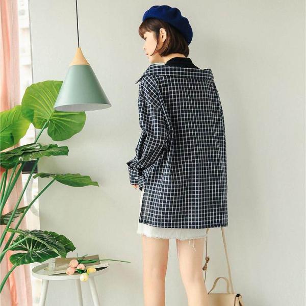 レディース　ブラウス　シャツ　長袖　チェック柄　ロングシャツ　トップス　カジュアル　キュート　可愛い　フェミニン　きれいめ　上品　エレガント　おしゃれ　お出かけ　オフィス　デート　デイリー　レッド　ネイビー　フリーサイズ　ワンサイズ　送料無料
