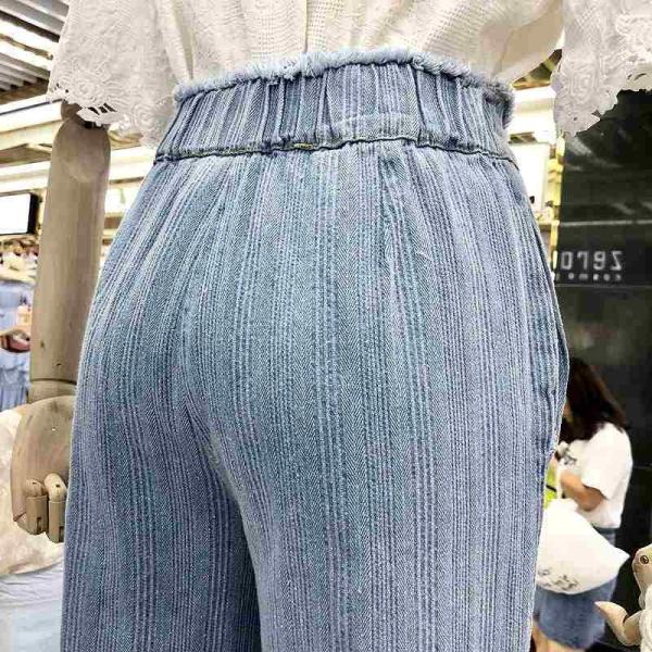 レディース　デニム　ワイドレッグパンツ　ハイウエスト　アンクルパンツ　クロップドパンツ　半端丈　ボトムス　カジュアル　キュート　可愛い　フェミニン　きれいめ　おしゃれ　お出かけ　オフィス　デイリー　普段着　ライトブルー　ブルー　S　M　L　サイズ　送料無料