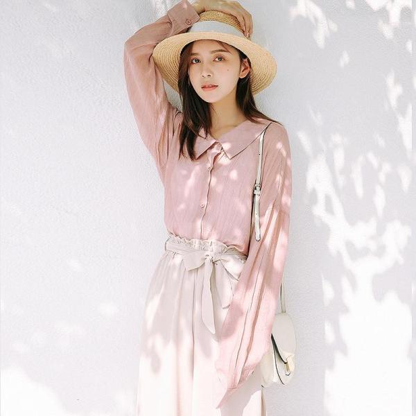 レディース　ブラウス　シャツ　無地　シンプル　ロングシャツ　トップス　カジュアル　キュート　可愛い　フェミニン　きれいめ　上品　エレガント　おしゃれ　お出かけ　オフィス　デート　デイリー　イエロー　ピンク　フリーサイズ　ワンサイズ　送料無料