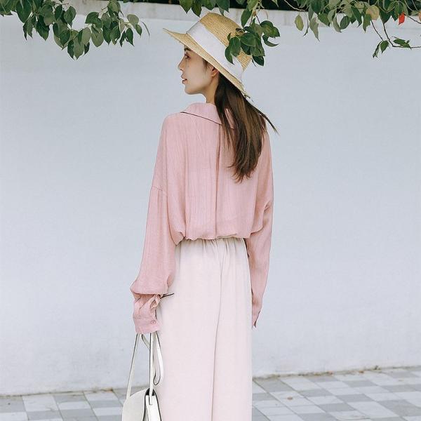 レディース　ブラウス　シャツ　無地　シンプル　ロングシャツ　トップス　カジュアル　キュート　可愛い　フェミニン　きれいめ　上品　エレガント　おしゃれ　お出かけ　オフィス　デート　デイリー　イエロー　ピンク　フリーサイズ　ワンサイズ　送料無料