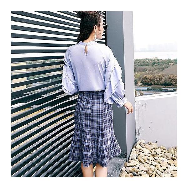 レディース　上下2点セット　フレアスカート　チェック柄　ブラウス　フリル　長袖　タイト　スリム　カジュアル　キュート　可愛い　フェミニン　きれいめ　上品　エレガント　おしゃれ　お出かけ　デイリー　お呼ばれ　ホワイト　ブルー　M　L　XL　サイズ　送料無料