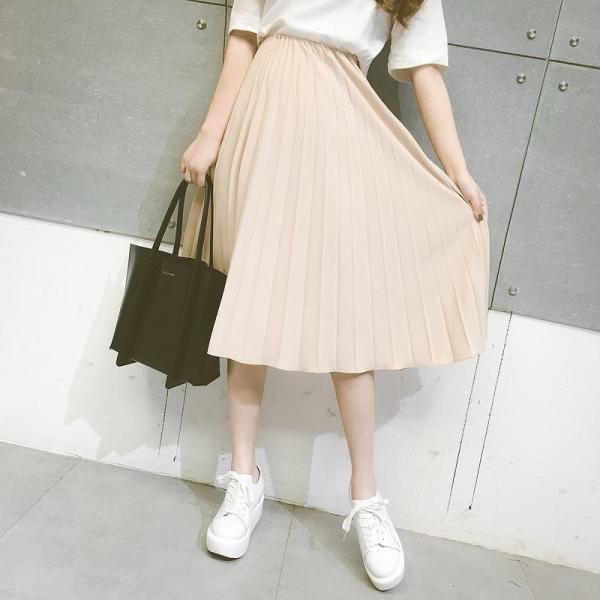 レディース　プリーツスカート　シフォン　ハイウエスト　ミモレ丈　秋　冬　ボトムス　カジュアル　キュート　大人　可愛い　フェミニン　きれいめ　おしゃれ　お出かけ　デイリー　二次会　お呼ばれ　ブラック　ベージュ　フリーサイズ　ワンサイズ　送料無料