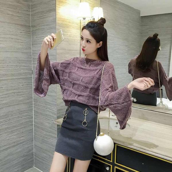 レディース　ラウンドネック　セーター　フレアスリーブ　ニット　長袖　シンプル　ゆったり　トップス　カジュアル　キュート　大人　可愛い　フェミニン　おしゃれ　お出かけ　オフィス　デイリー　普段着　パープル　ホワイト　グレー　フリーサイズ　送料無料