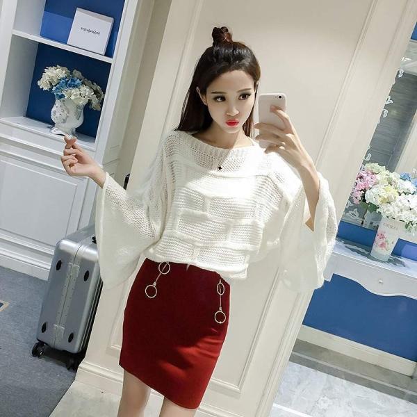 レディース　ラウンドネック　セーター　フレアスリーブ　ニット　長袖　シンプル　ゆったり　トップス　カジュアル　キュート　大人　可愛い　フェミニン　おしゃれ　お出かけ　オフィス　デイリー　普段着　パープル　ホワイト　グレー　フリーサイズ　送料無料