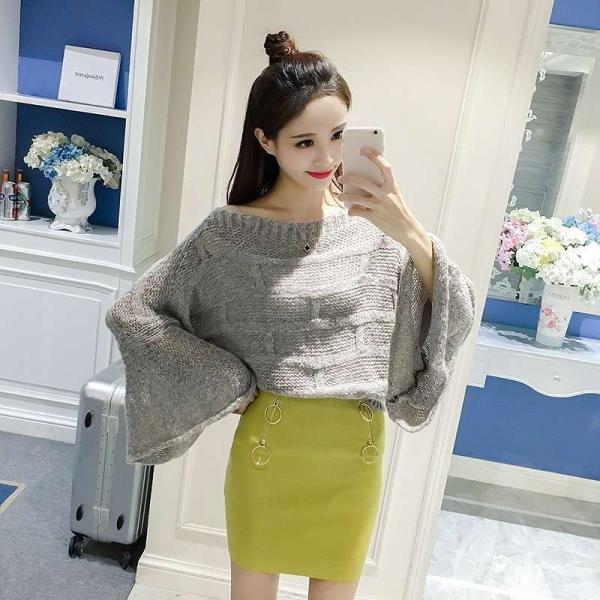 レディース　ラウンドネック　セーター　フレアスリーブ　ニット　長袖　シンプル　ゆったり　トップス　カジュアル　キュート　大人　可愛い　フェミニン　おしゃれ　お出かけ　オフィス　デイリー　普段着　パープル　ホワイト　グレー　フリーサイズ　送料無料