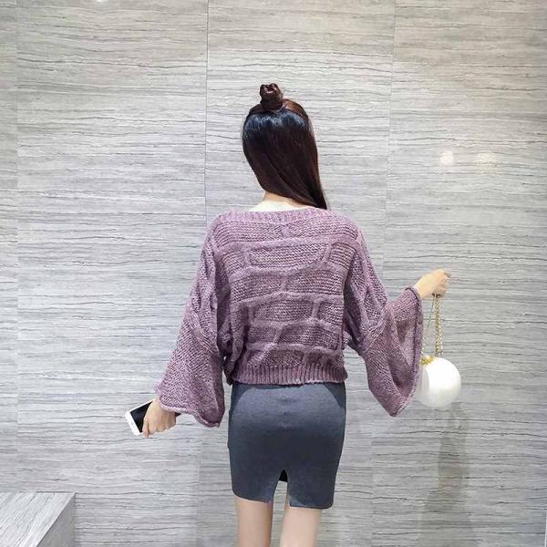 レディース　ラウンドネック　セーター　フレアスリーブ　ニット　長袖　シンプル　ゆったり　トップス　カジュアル　キュート　大人　可愛い　フェミニン　おしゃれ　お出かけ　オフィス　デイリー　普段着　パープル　ホワイト　グレー　フリーサイズ　送料無料