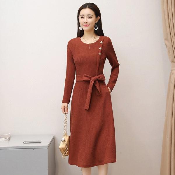 レディース　ワンピース　ハイウエスト　ミディ丈　腰紐　長袖　秋　冬　カジュアル　キュート　可愛い　フェミニン　きれいめ　上品　エレガント　おしゃれ　お出かけ　お呼ばれ　ベージュ　ブラウン　ブラック　M　L　XL　2XL　大きいサイズ　送料無料