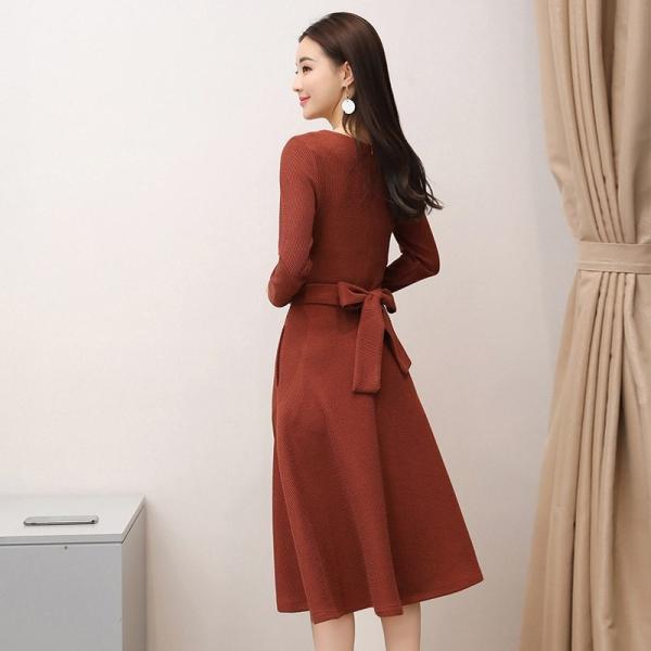 レディース　ワンピース　ハイウエスト　ミディ丈　腰紐　長袖　秋　冬　カジュアル　キュート　可愛い　フェミニン　きれいめ　上品　エレガント　おしゃれ　お出かけ　お呼ばれ　ベージュ　ブラウン　ブラック　M　L　XL　2XL　大きいサイズ　送料無料