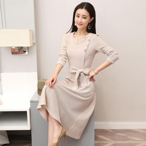 レディース　ワンピース　ハイウエスト　ミディ丈　腰紐　長袖　秋　冬　カジュアル　キュート　可愛い　フェミニン　きれいめ　上品　エレガント　おしゃれ　お出かけ　お呼ばれ　ベージュ　ブラウン　ブラック　M　L　XL　2XL　大きいサイズ　送料無料