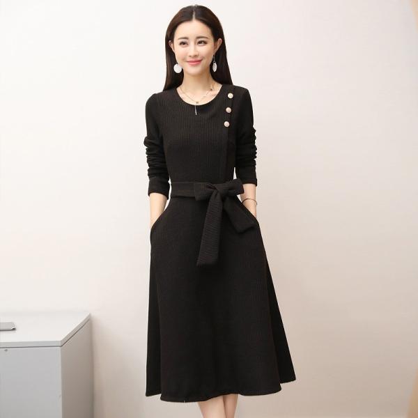 レディース　ワンピース　ハイウエスト　ミディ丈　腰紐　長袖　秋　冬　カジュアル　キュート　可愛い　フェミニン　きれいめ　上品　エレガント　おしゃれ　お出かけ　お呼ばれ　ベージュ　ブラウン　ブラック　M　L　XL　2XL　大きいサイズ　送料無料