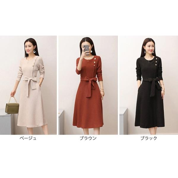 レディース　ワンピース　ハイウエスト　ミディ丈　腰紐　長袖　秋　冬　カジュアル　キュート　可愛い　フェミニン　きれいめ　上品　エレガント　おしゃれ　お出かけ　お呼ばれ　ベージュ　ブラウン　ブラック　M　L　XL　2XL　大きいサイズ　送料無料
