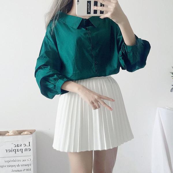 レディース　ブラウス　シャツ　長袖　ボリュームスリーブ　ロングシャツ　トップス　カジュアル　キュート　可愛い　フェミニン　きれいめ　上品　エレガント　おしゃれ　お出かけ　オフィス　デート　デイリー　グリーン　ホワイト　フリーサイズ　送料無料