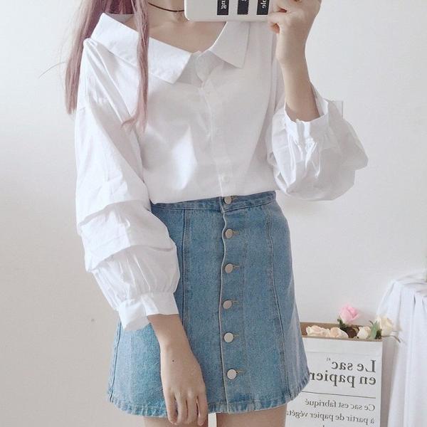 レディース　ブラウス　シャツ　長袖　ボリュームスリーブ　ロングシャツ　トップス　カジュアル　キュート　可愛い　フェミニン　きれいめ　上品　エレガント　おしゃれ　お出かけ　オフィス　デート　デイリー　グリーン　ホワイト　フリーサイズ　送料無料