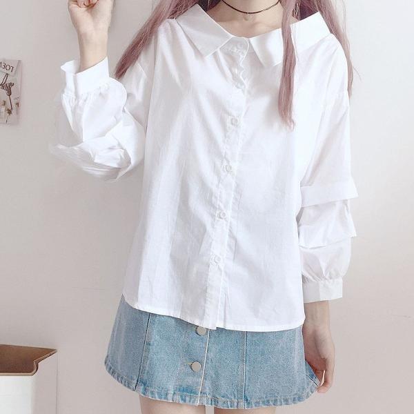 レディース　ブラウス　シャツ　長袖　ボリュームスリーブ　ロングシャツ　トップス　カジュアル　キュート　可愛い　フェミニン　きれいめ　上品　エレガント　おしゃれ　お出かけ　オフィス　デート　デイリー　グリーン　ホワイト　フリーサイズ　送料無料