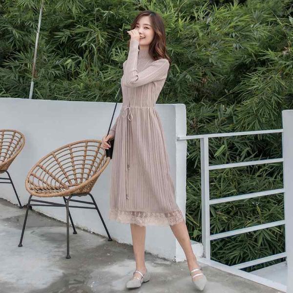 レディース　ワンピース　ハイネック　ニットワンピ　ハイウエスト　ミモレィ丈　腰紐　長袖　秋　冬　カジュアル　キュート　可愛い　フェミニン　きれいめ　上品　エレガント　おしゃれ　お出かけ　お呼ばれ　ベージュ　フリーサイズ　ワンサイズ　送料無料