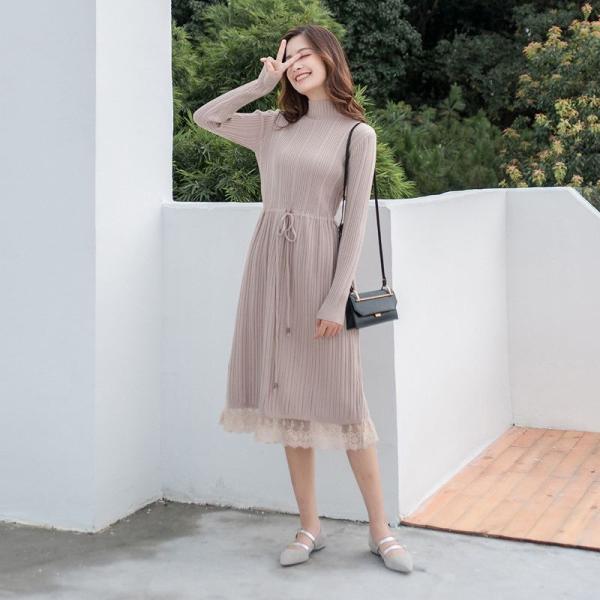 レディース　ワンピース　ハイネック　ニットワンピ　ハイウエスト　ミモレィ丈　腰紐　長袖　秋　冬　カジュアル　キュート　可愛い　フェミニン　きれいめ　上品　エレガント　おしゃれ　お出かけ　お呼ばれ　ベージュ　フリーサイズ　ワンサイズ　送料無料