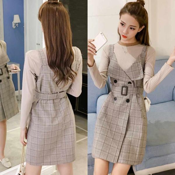 レディース　2点セット　ニット　セーター　ワンピース　ひざ上丈　長袖　カジュアル　キュート　可愛い　フェミニン　きれいめ　上品　エレガント　おしゃれ　お出かけ　デイリー　お呼ばれ　ブラック　カーキ　S　M　L　XL　サイズ　送料無料