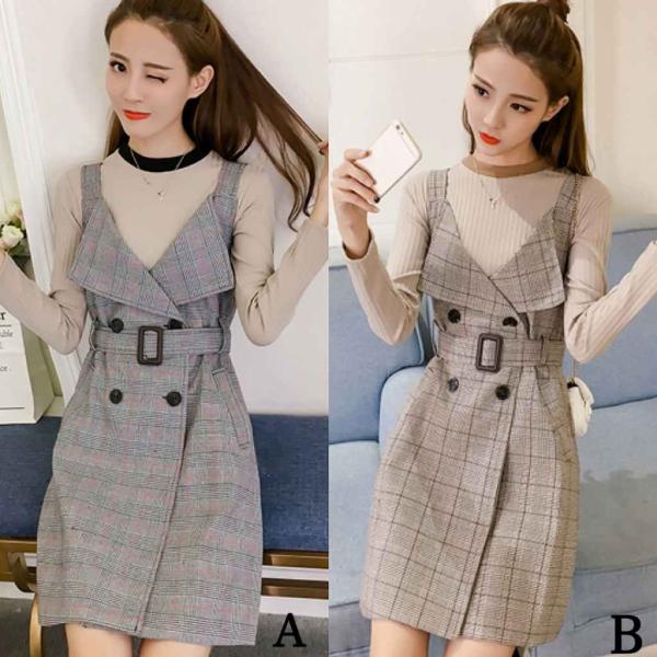 レディース　2点セット　ニット　セーター　ワンピース　ひざ上丈　長袖　カジュアル　キュート　可愛い　フェミニン　きれいめ　上品　エレガント　おしゃれ　お出かけ　デイリー　お呼ばれ　ブラック　カーキ　S　M　L　XL　サイズ　送料無料