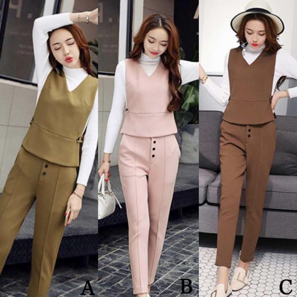 レディース　2点セット　パンツ　ベスト　スリム　アンクル丈　カジュアル　キュート　可愛い　フェミニン　きれいめ　上品　エレガント　おしゃれ　お出かけ　デイリー　お呼ばれ　グリーン　ピンク　ブラウン　M　L　XL　2XL　大きいサイズ　送料無料