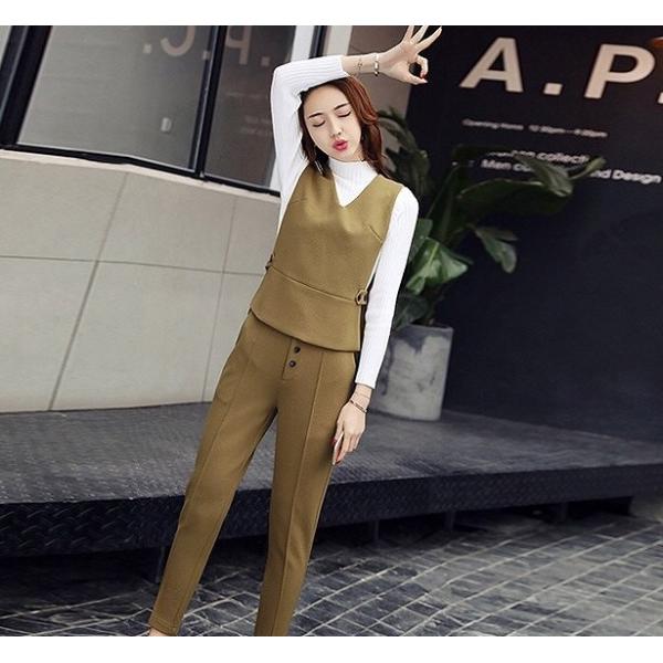 レディース　2点セット　パンツ　ベスト　スリム　アンクル丈　カジュアル　キュート　可愛い　フェミニン　きれいめ　上品　エレガント　おしゃれ　お出かけ　デイリー　お呼ばれ　グリーン　ピンク　ブラウン　M　L　XL　2XL　大きいサイズ　送料無料