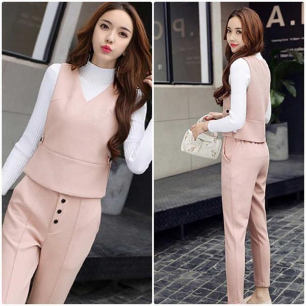 レディース　2点セット　パンツ　ベスト　スリム　アンクル丈　カジュアル　キュート　可愛い　フェミニン　きれいめ　上品　エレガント　おしゃれ　お出かけ　デイリー　お呼ばれ　グリーン　ピンク　ブラウン　M　L　XL　2XL　大きいサイズ　送料無料