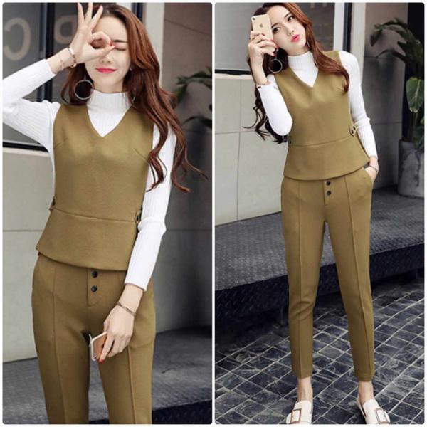 レディース　2点セット　パンツ　ベスト　スリム　アンクル丈　カジュアル　キュート　可愛い　フェミニン　きれいめ　上品　エレガント　おしゃれ　お出かけ　デイリー　お呼ばれ　グリーン　ピンク　ブラウン　M　L　XL　2XL　大きいサイズ　送料無料