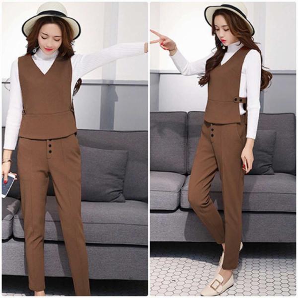 レディース　2点セット　パンツ　ベスト　スリム　アンクル丈　カジュアル　キュート　可愛い　フェミニン　きれいめ　上品　エレガント　おしゃれ　お出かけ　デイリー　お呼ばれ　グリーン　ピンク　ブラウン　M　L　XL　2XL　大きいサイズ　送料無料