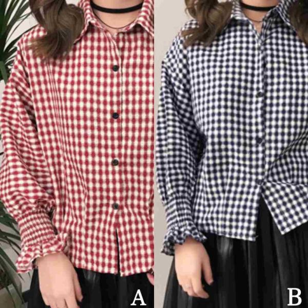 レディース　ブラウス　チェック柄　シャツ　長袖　キャンディスリーブ　ボリュームスリーブ　トップス　カジュアル　キュート　可愛い　フェミニン　きれいめ　上品　エレガント　おしゃれ　お出かけ　オフィス　デイリー　レッド　ネイビー　フリーサイズ　送料無料