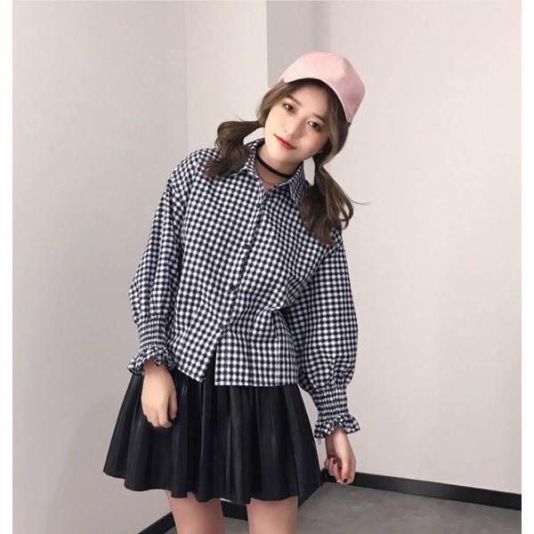 レディース　ブラウス　チェック柄　シャツ　長袖　キャンディスリーブ　ボリュームスリーブ　トップス　カジュアル　キュート　可愛い　フェミニン　きれいめ　上品　エレガント　おしゃれ　お出かけ　オフィス　デイリー　レッド　ネイビー　フリーサイズ　送料無料