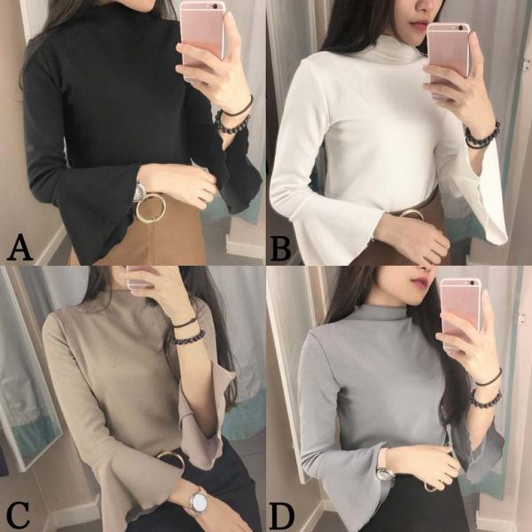 レディース　Tシャツ　ハイネック　フレアスリーブ　長袖　無地　シンプル　ロングTシャツ　ロンT　トップス　カジュアル　キュート　大人　可愛い　フェミニン　おしゃれ　お出かけ　普段着　デイリー　ブラック　グレー　カーキ　ホワイト　フリーサイズ　送料無料